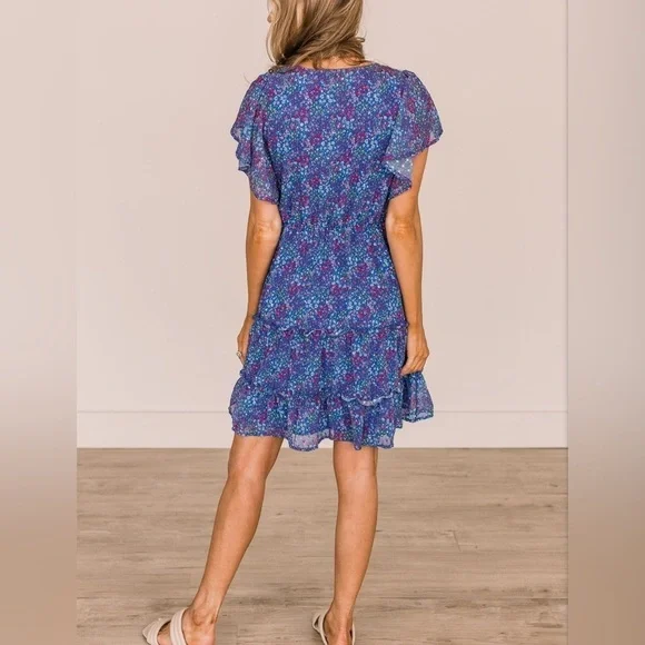 The Night Is Young Floral Dress-Cobalt Blue-Ruffled-EUC-Size Small​​​​ - Picture 2 of 11